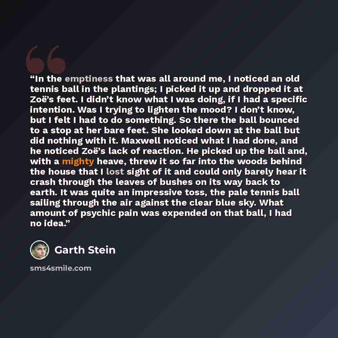 “In the emptiness that was all around me, I noticed an old tennis ball in the plantings; I picked it up and dropped it at Zoë’s feet. I didn’t know what I was doing, if I had a specific intention. Was I trying to lighten the mood? I don’t know, but I felt I had to do something. So there the ball…” quote by Garth Stein