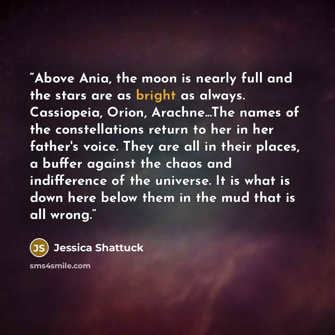 “Above Ania, the moon is nearly full and the stars are as bright as always. Cassiopeia, Orion, Arachne...The names of the constellations return to her in her father's voice. They are all in their places, a buffer against the chaos and indifference of the universe. It is what is down here below them…” quote by Jessica Shattuck