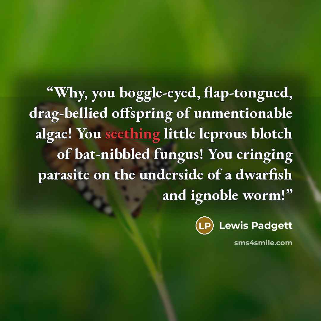 “Why, you boggle-eyed, flap-tongued, drag-bellied offspring of unmentionable algae! You seething little leprous blotch of bat-nibbled fungus! You cringing parasite on the underside of a dwarfish and ignoble worm!” quote by Lewis Padgett