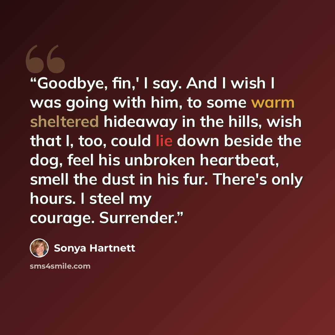 “Goodbye, fin,' I say. And I wish I was going with him, to some warm sheltered hideaway in the hills, wish that I, too, could lie down beside the dog, feel his unbroken heartbeat, smell the dust in his fur. There's only hours. I steel my courage. Surrender.” quote by Sonya Hartnett