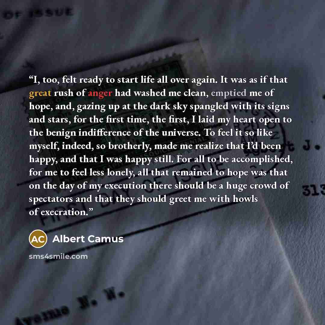 “I, too, felt ready to start life all over again. It was as if that great rush of anger had washed me clean, emptied me of hope, and, gazing up at the dark sky spangled with its signs and stars, for the first time, the first, I laid my heart open to the benign indifference of the universe. To feel…” quote by Albert Camus