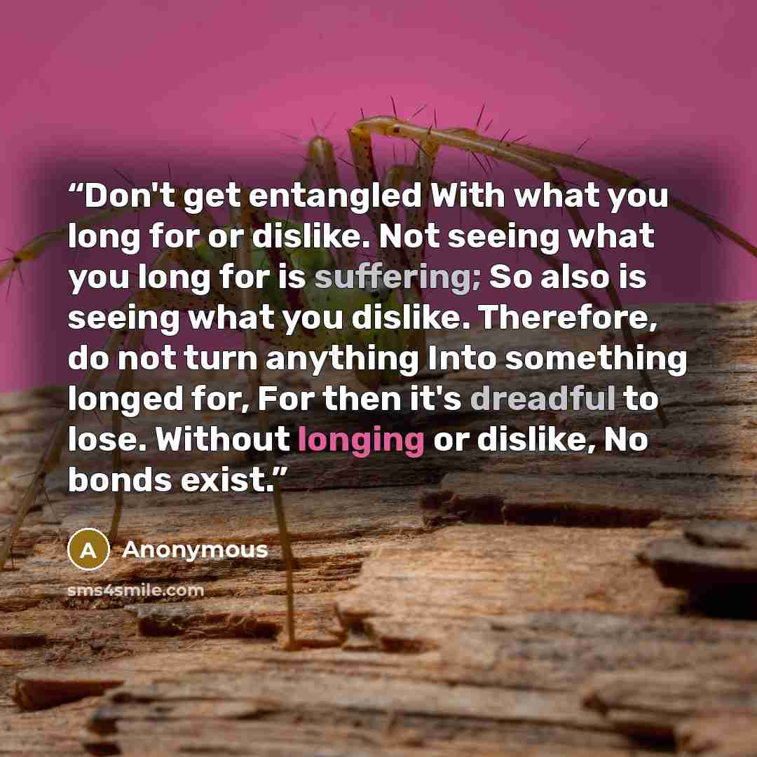 “Don't get entangled With what you long for or dislike. Not seeing what you long for is suffering; So also is seeing what you dislike. Therefore, do not turn anything Into something longed for, For then it's dreadful to lose. Without longing or dislike, No bonds exist.” quote by Anonymous