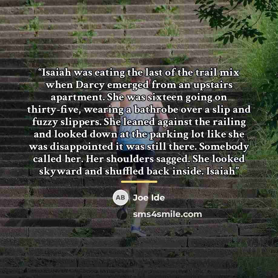 “Isaiah was eating the last of the trail mix when Darcy emerged from an upstairs apartment. She was sixteen going on thirty-five, wearing a bathrobe over a slip and fuzzy slippers. She leaned against the railing and looked down at the parking lot like she was disappointed it was still there…” quote by Joe Ide