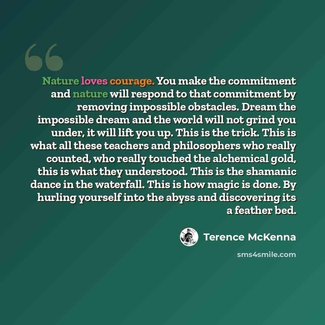 “Nature loves courage. You make the commitment and nature will respond to that commitment by removing impossible obstacles. Dream the impossible dream and the world will not grind you under, it will lift you up. This is the trick. This is what all these teachers and philosophers who really counted…” quote by Terence McKenna