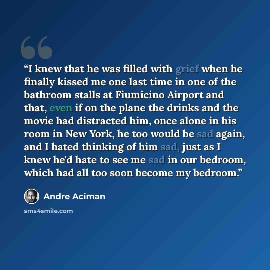 “I knew that he was filled with grief when he finally kissed me one last time in one of the bathroom stalls at Fiumicino Airport and that, even if on the plane the drinks and the movie had distracted him, once alone in his room in New York, he too would be sad again, and I hated thinking of him…” quote by André Aciman