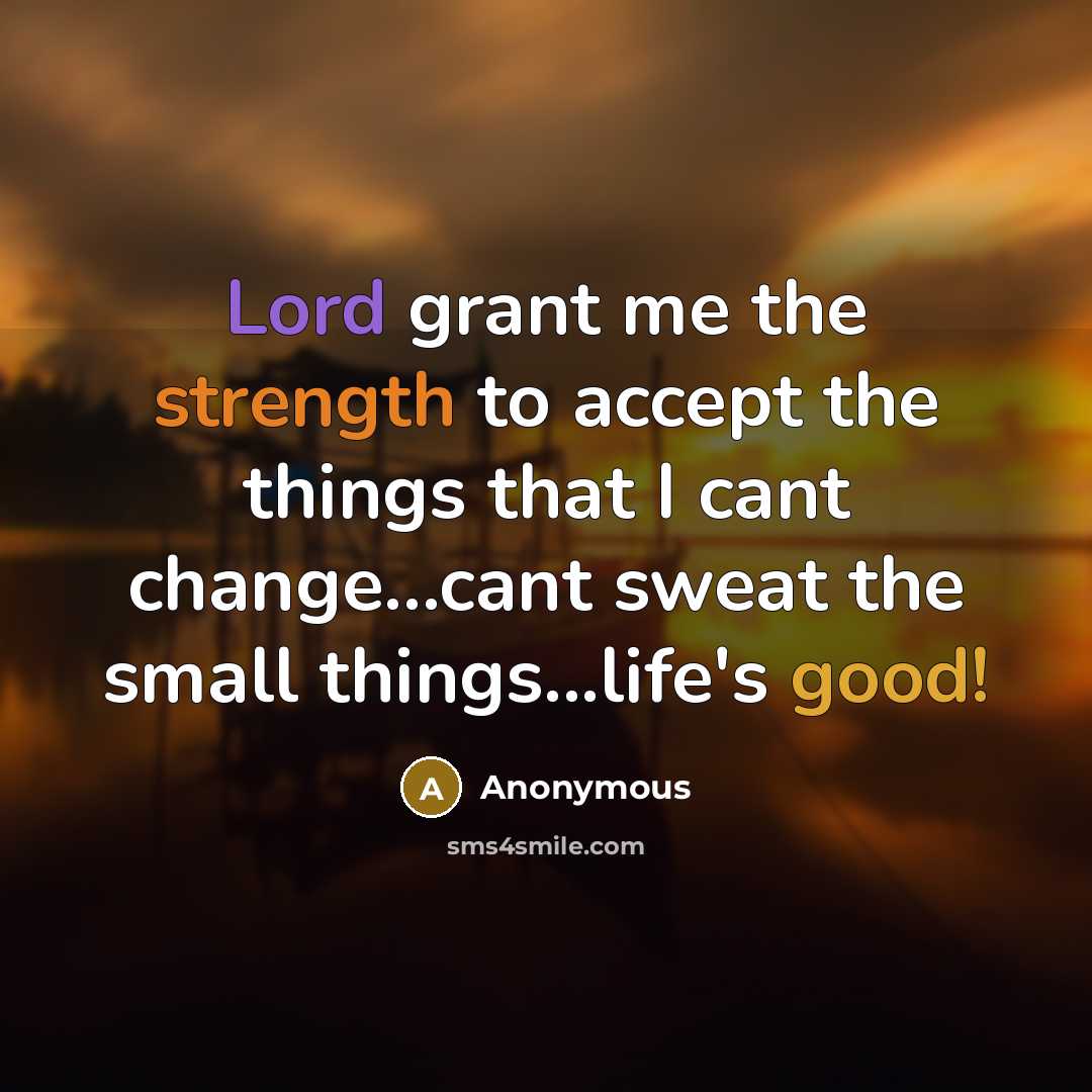 “Lord grant me the strength to accept the things that I cant change...cant sweat the small things...life's good!” quote by Anonymous