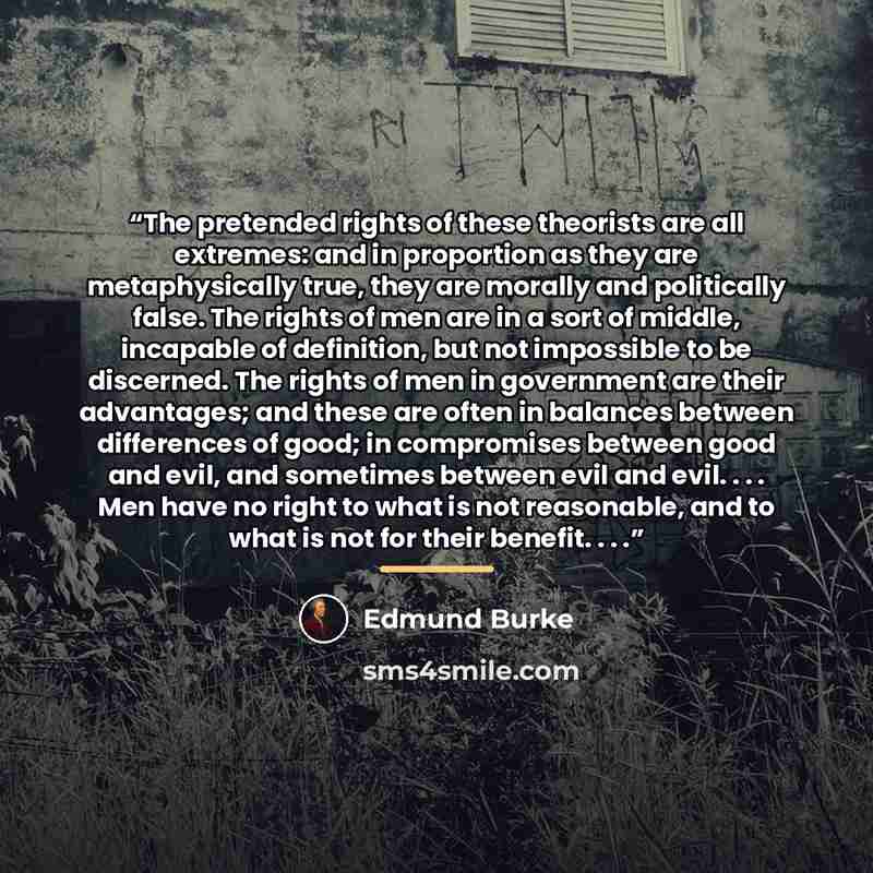 “The pretended rights of these theorists are all extremes: and in proportion as they are metaphysically true, they are morally and politically false. The rights of men are in a sort of middle, incapable of definition, but not impossible to be discerned. The rights of men in government are their…” quote by Edmund Burke