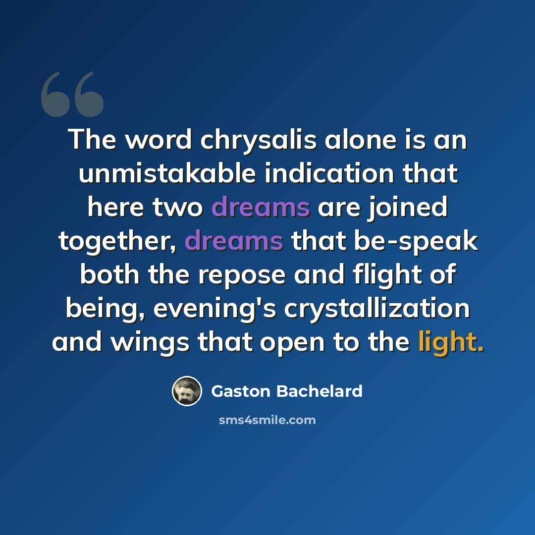 “The word chrysalis alone is an unmistakable indication that here two dreams are joined together, dreams that be-speak both the repose and flight of being, evening's crystallization and wings that open to the light.” quote by Gaston Bachelard