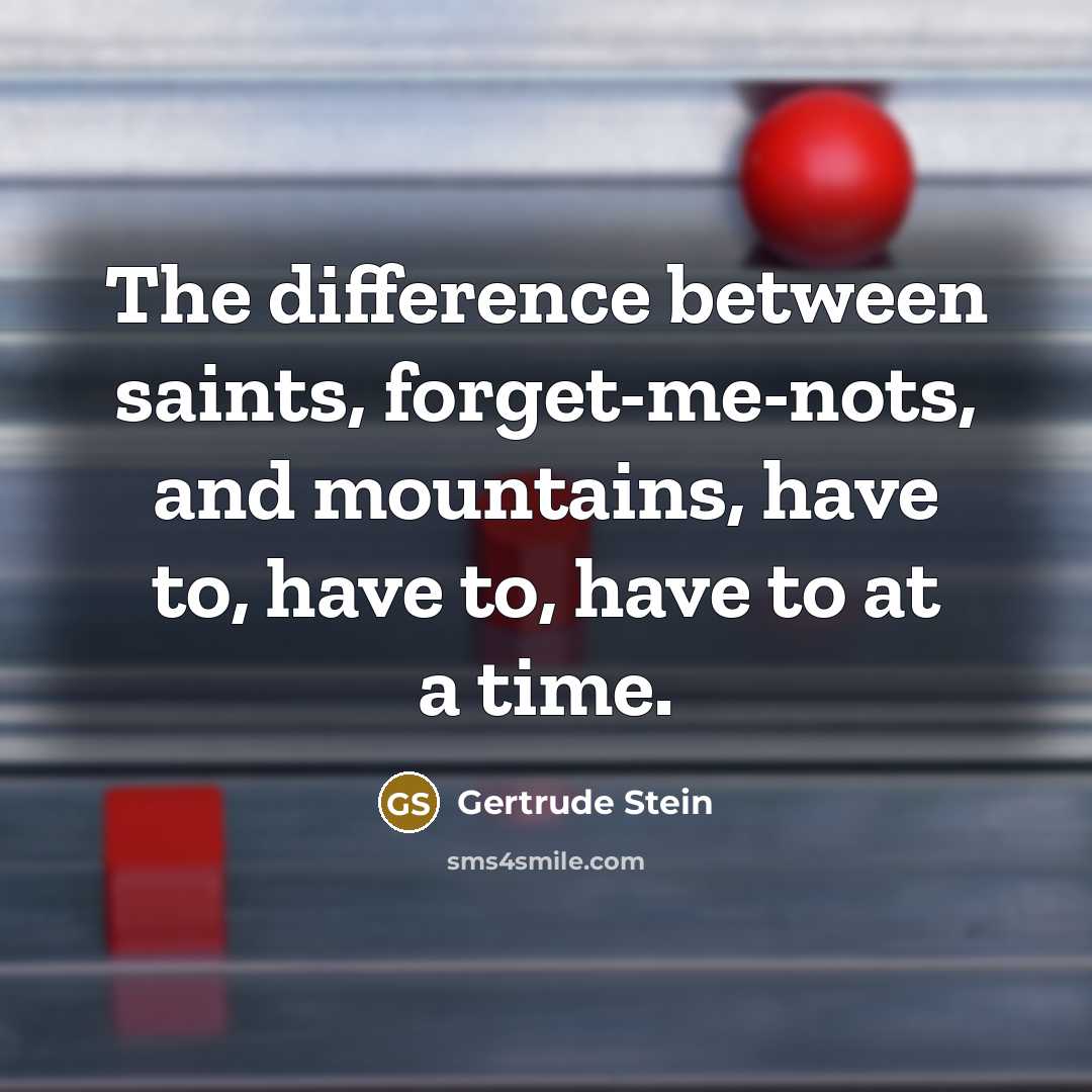 “The difference between saints, forget-me-nots, and mountains, have to, have to, have to at a time.” quote by Gertrude Stein