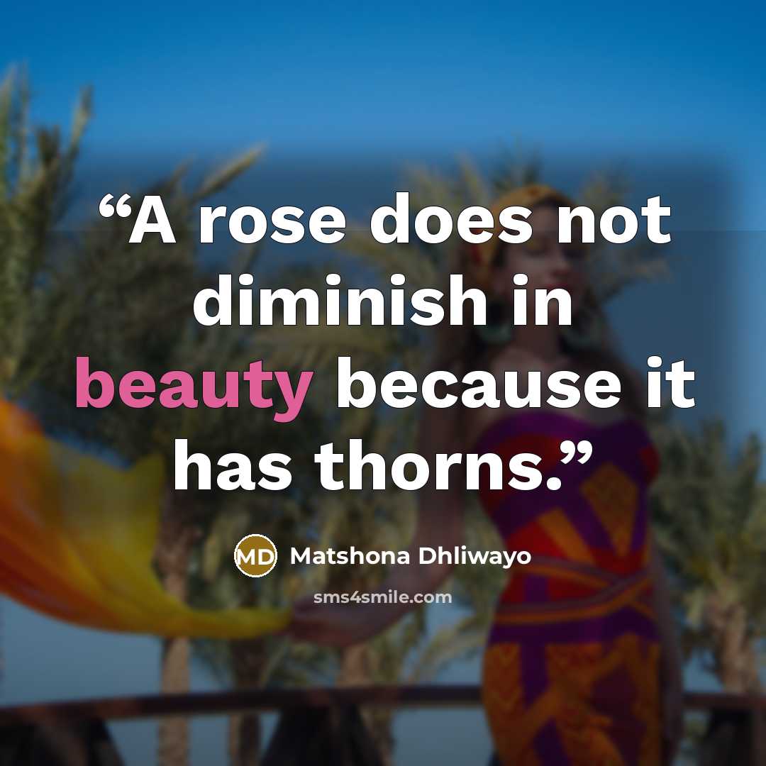 “A rose does not diminish in beauty because it has thorns.” quote by Matshona Dhliwayo