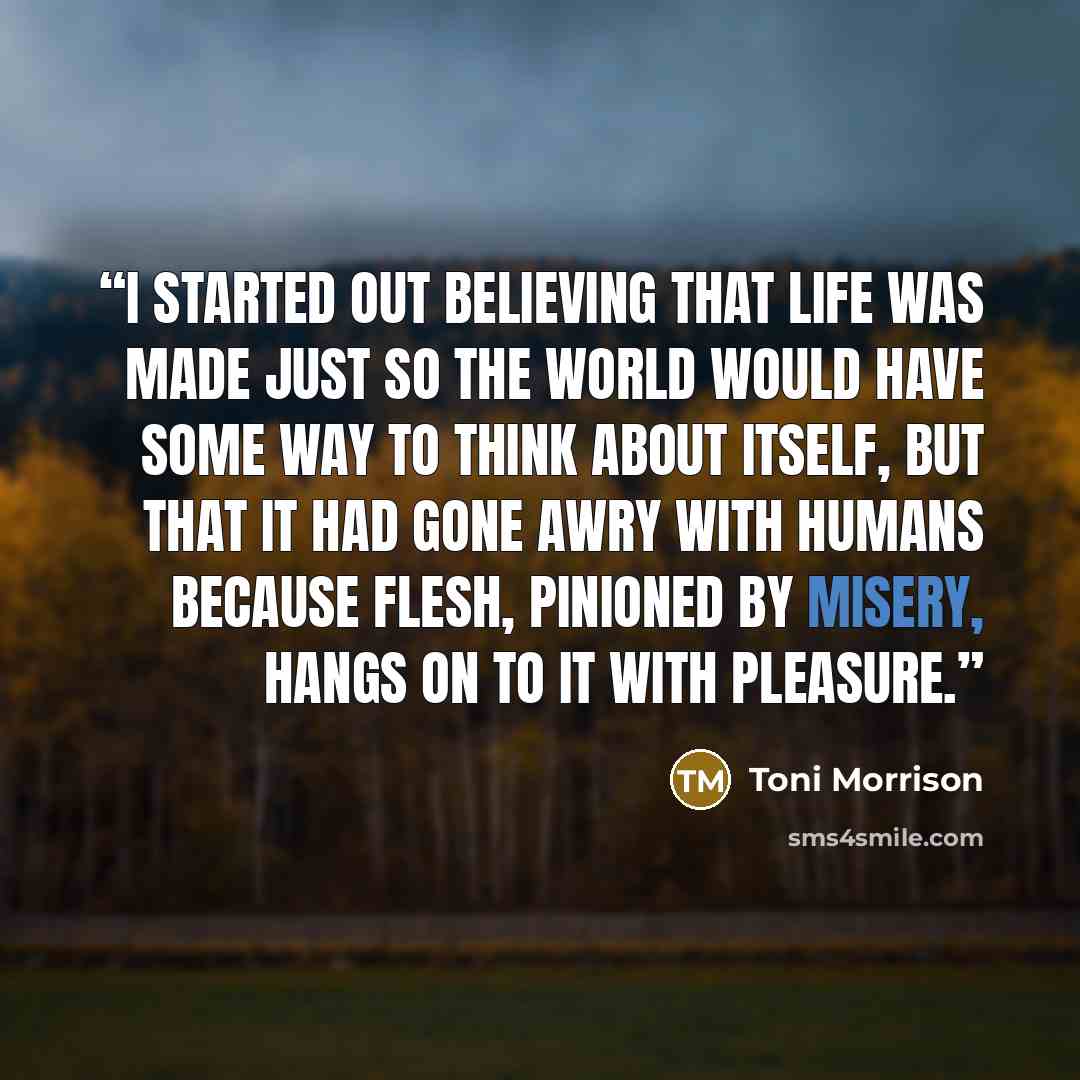 “I started out believing that life was made just so the world would have some way to think about itself, but that it had gone awry with humans because flesh, pinioned by misery, hangs on to it with pleasure.” quote by Toni Morrison