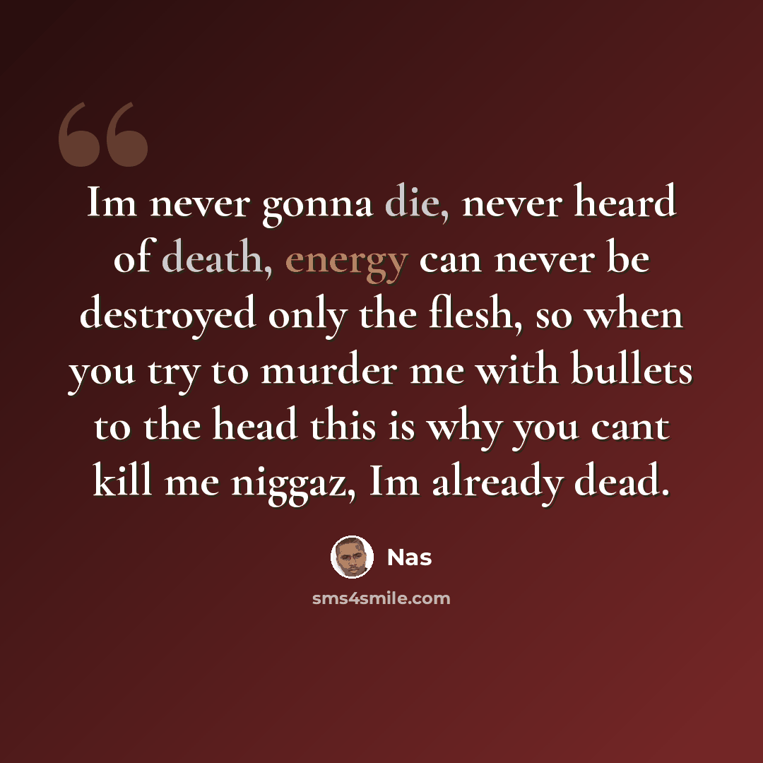 “Im never gonna die, never heard of death, energy can never be destroyed only the flesh, so when you try to murder me with bullets to the head this is why you cant kill me niggaz, Im already dead.” quote by Nas