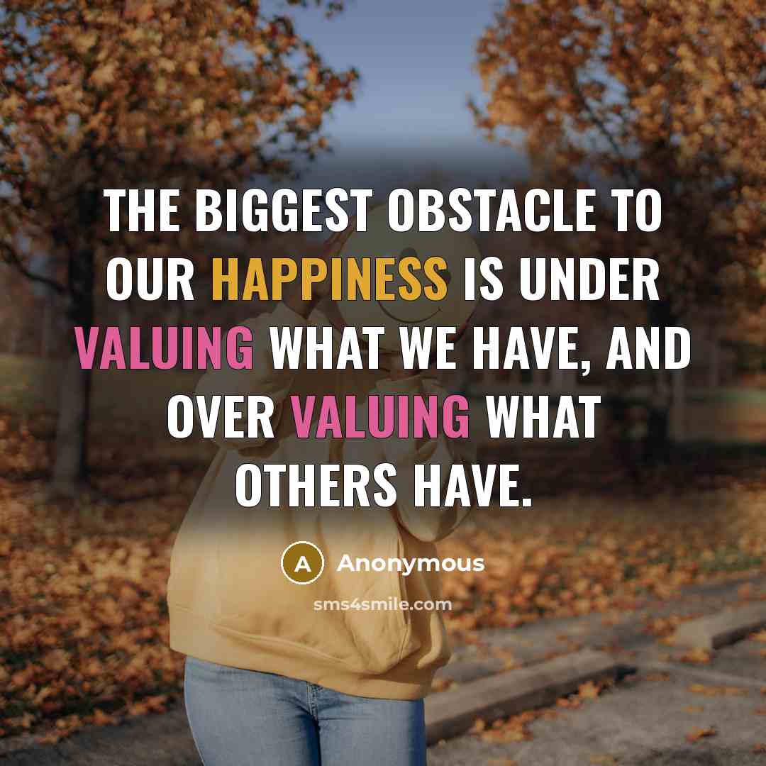“The biggest obstacle to our happiness is under valuing what we have, and over valuing what others have.” quote by Anonymous