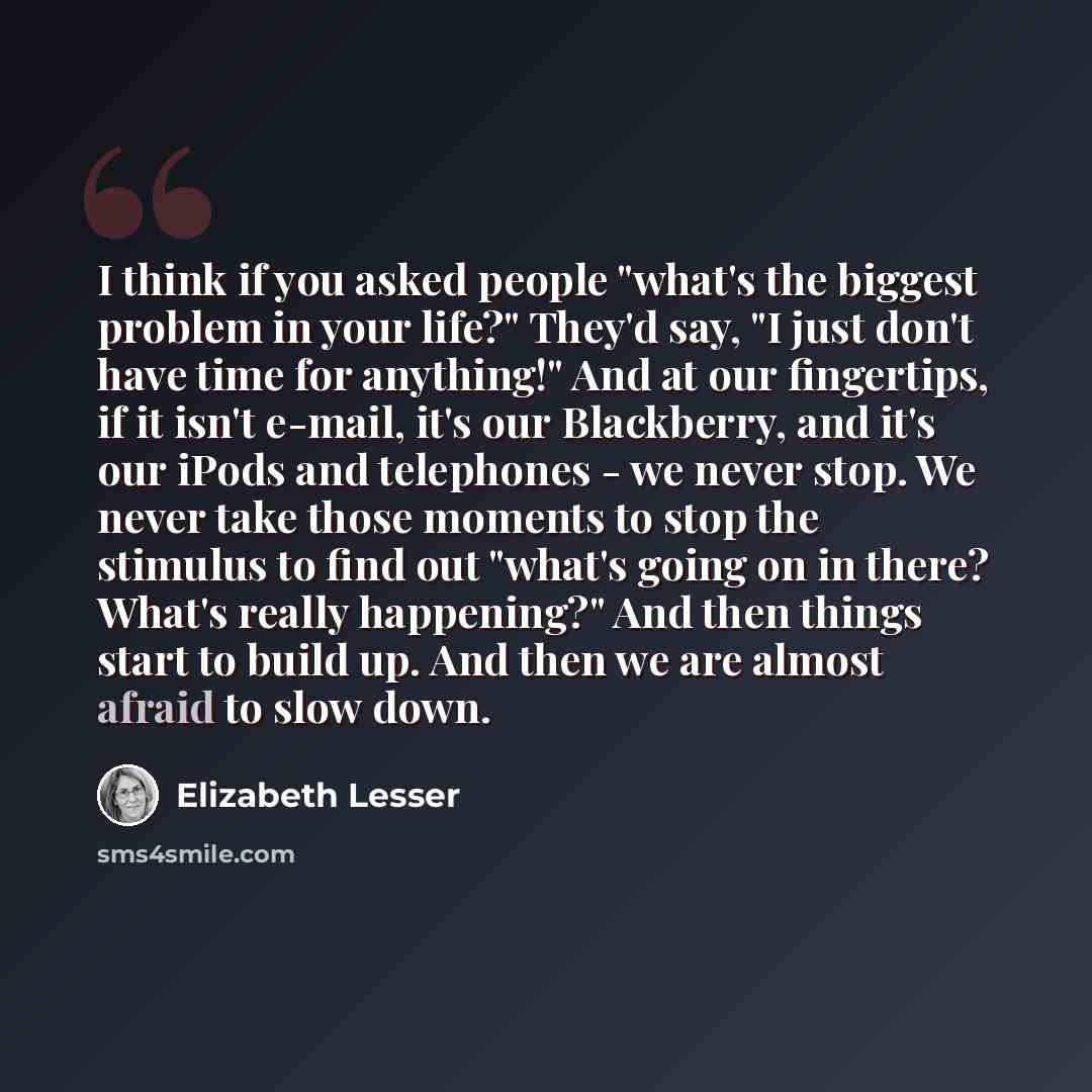 “I think if you asked people "what's the biggest problem in your life?" They'd say, "I just don't have time for anything!" And at our fingertips, if it isn't e-mail, it's our Blackberry, and it's our iPods and telephones - we never stop. We never take those moments to stop the stimulus to find out…” quote by Elizabeth Lesser