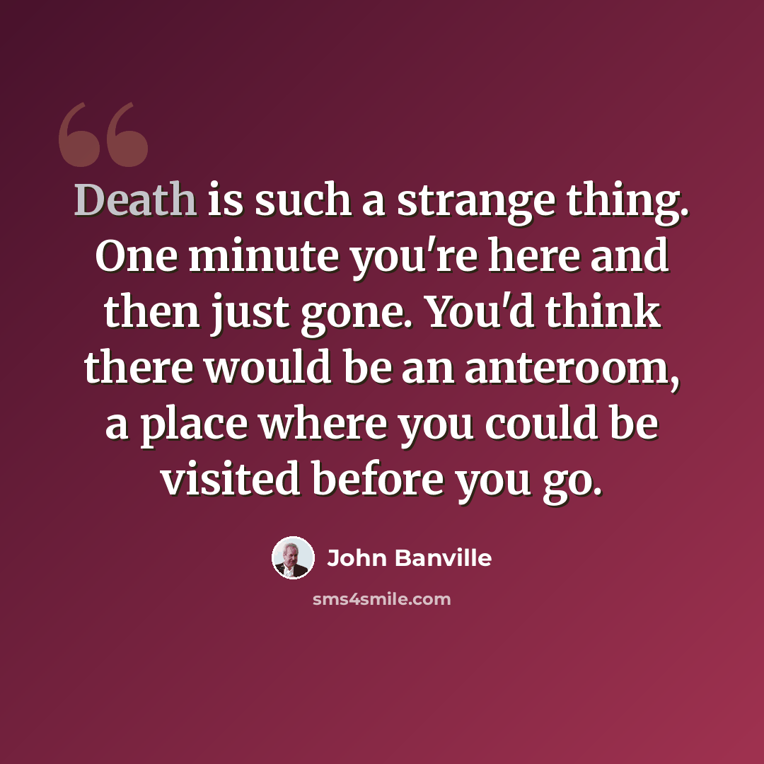 “Death is such a strange thing. One minute you're here and then just gone. You'd think there would be an anteroom, a place where you could be visited before you go.” quote by John Banville