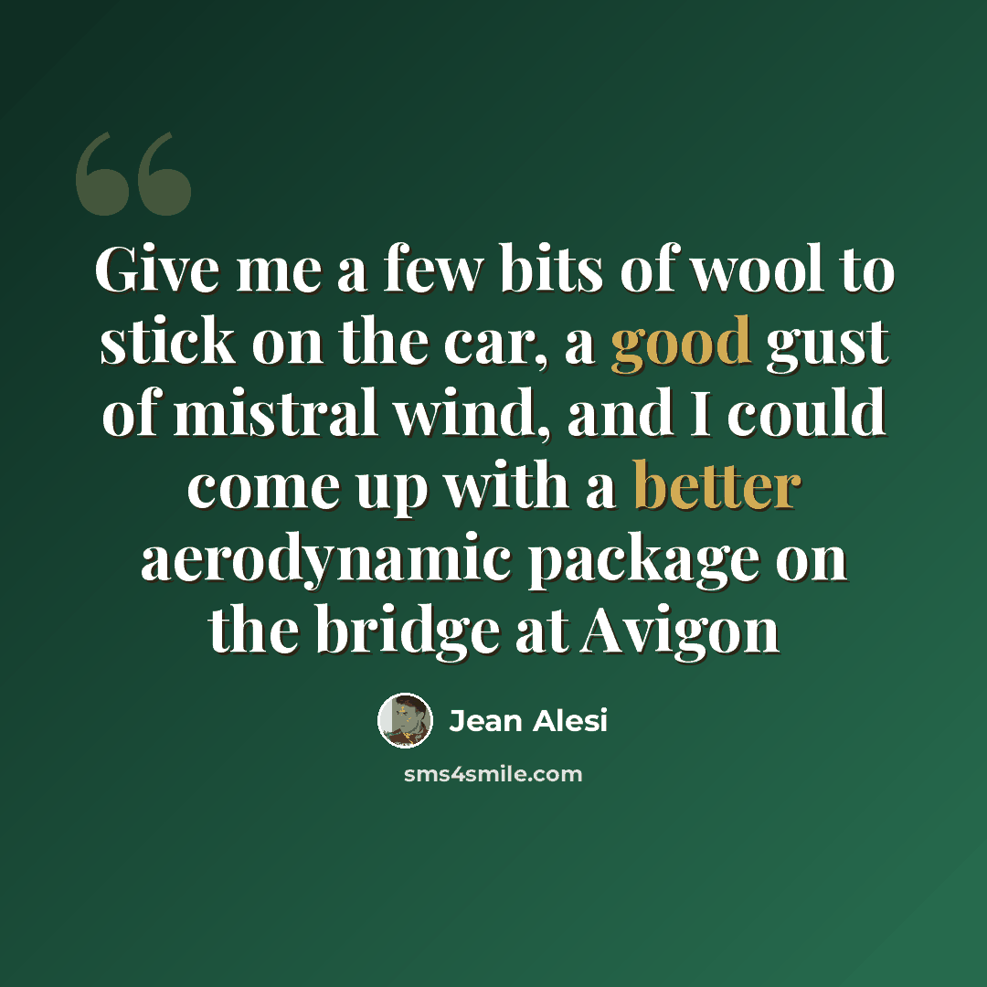 “Give me a few bits of wool to stick on the car, a good gust of mistral wind, and I could come up with a better aerodynamic package on the bridge at Avigon” quote by Jean Alesi