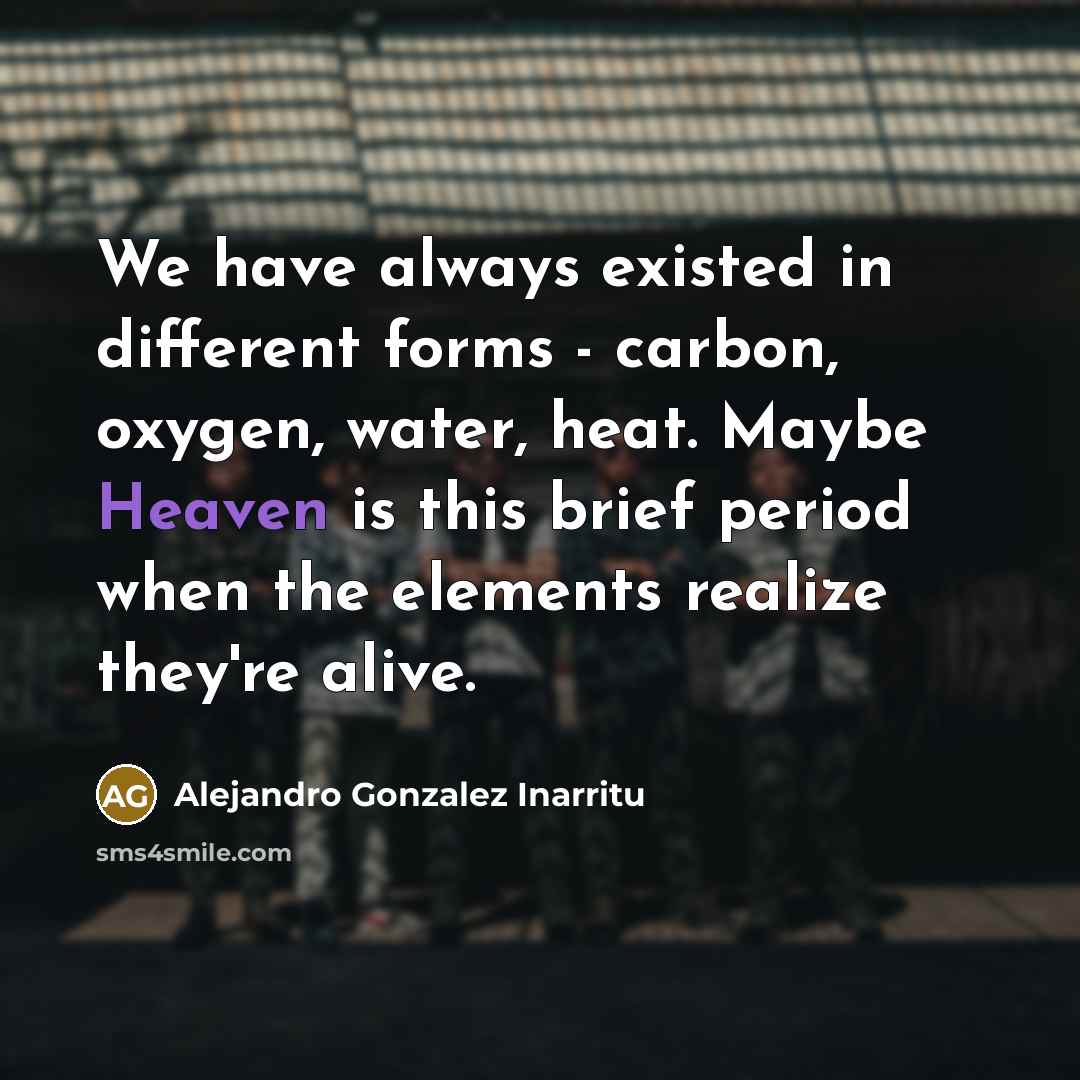 “We have always existed in different forms - carbon, oxygen, water, heat. Maybe Heaven is this brief period when the elements realize they're alive.” quote by Alejandro Gonzalez Inarritu