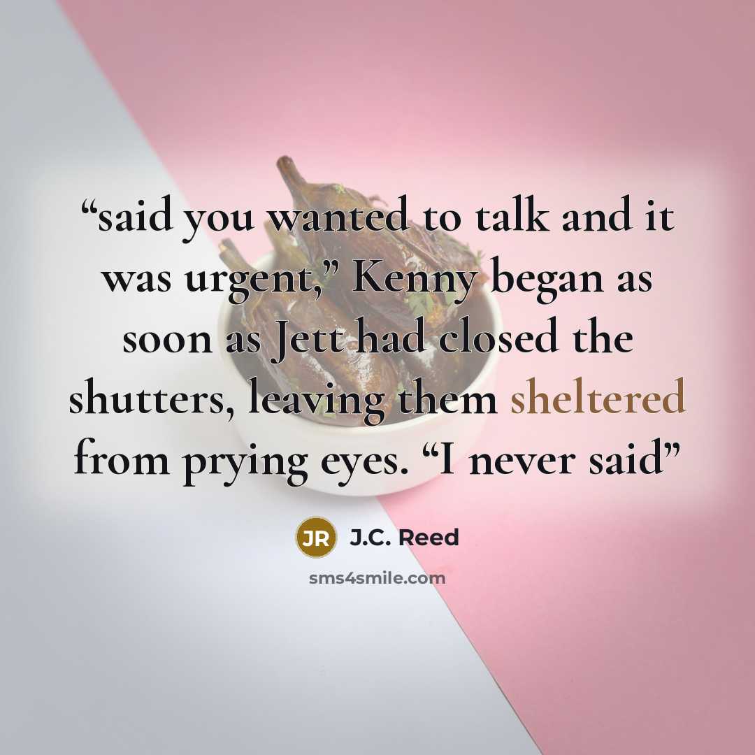 “said you wanted to talk and it was urgent,” Kenny began as soon as Jett had closed the shutters, leaving them sheltered from prying eyes. “I never said” quote by J.C. Reed