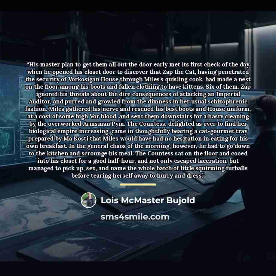 “His master plan to get them all out the door early met its first check of the day when he opened his closet door to discover that Zap the Cat, having penetrated the security of Vorkosigan House through Miles's quisling cook, had made a nest on the floor among his boots and fallen clothing to have…” quote by Lois McMaster Bujold