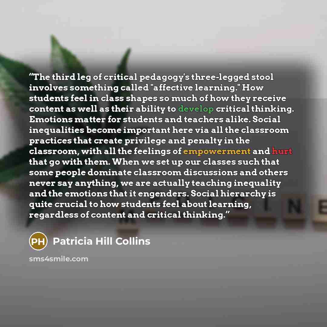 “The third leg of critical pedagogy's three-legged stool involves something called "affective learning." How students feel in class shapes so much of how they receive content as well as their ability to develop critical thinking. Emotions matter for students and teachers alike. Social inequalities…” quote by Patricia Hill Collins