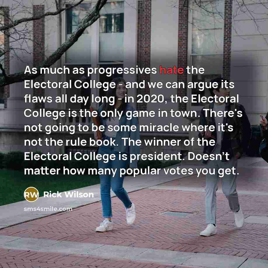 “As much as progressives hate the Electoral College - and we can argue its flaws all day long - in 2020, the Electoral College is the only game in town. There's not going to be some miracle where it's not the rule book. The winner of the Electoral College is president. Doesn't matter how many…” quote by Rick Wilson