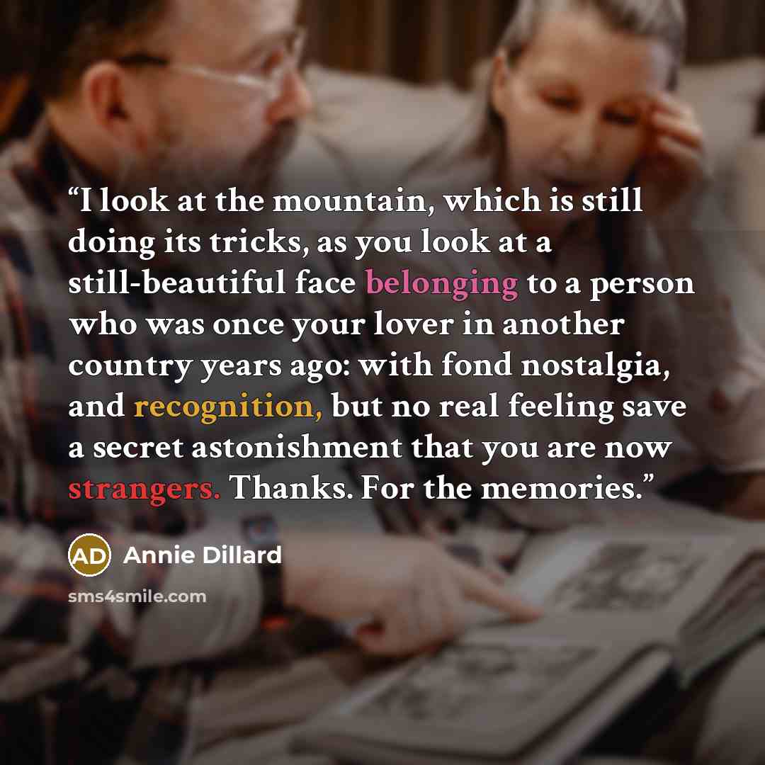 “I look at the mountain, which is still doing its tricks, as you look at a still-beautiful face belonging to a person who was once your lover in another country years ago: with fond nostalgia, and recognition, but no real feeling save a secret astonishment that you are now strangers. Thanks. For…” quote by Annie Dillard