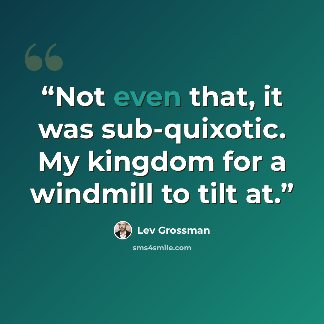 “Not even that, it was sub-quixotic. My kingdom for a windmill to tilt at.” quote by Lev Grossman
