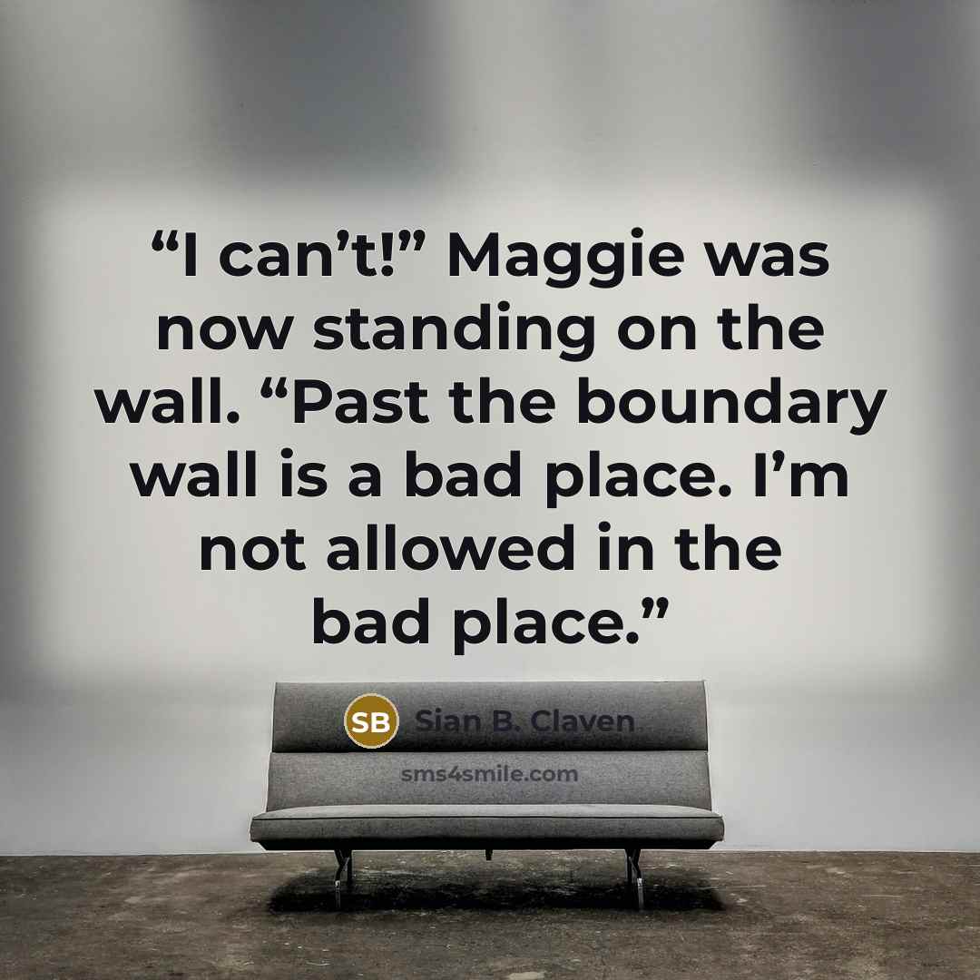 “I can’t!” Maggie was now standing on the wall. “Past the boundary wall is a bad place. I’m not allowed in the bad place.” quote by Sian B. Claven