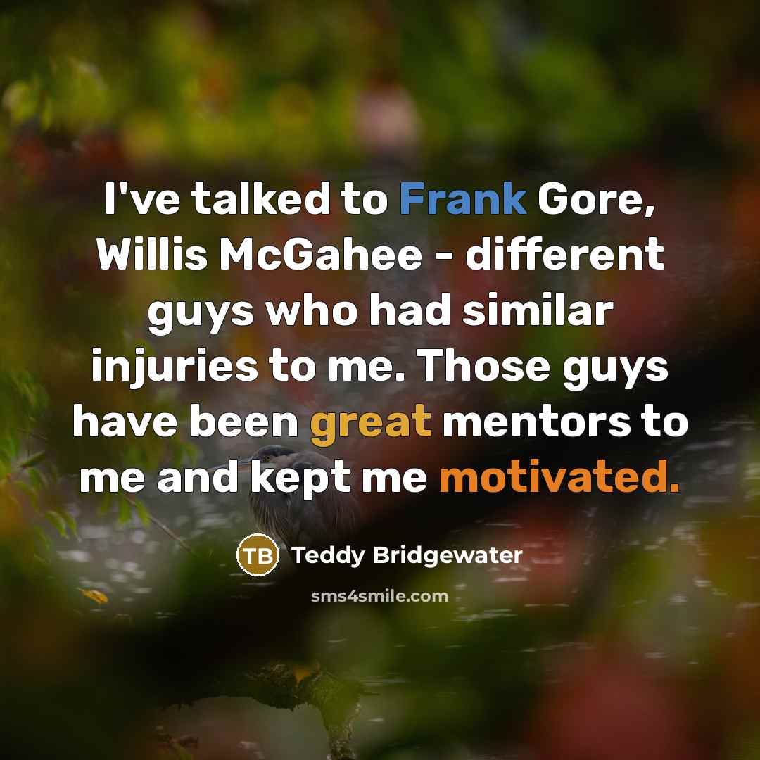 “I've talked to Frank Gore, Willis McGahee - different guys who had similar injuries to me. Those guys have been great mentors to me and kept me motivated.” quote by Teddy Bridgewater