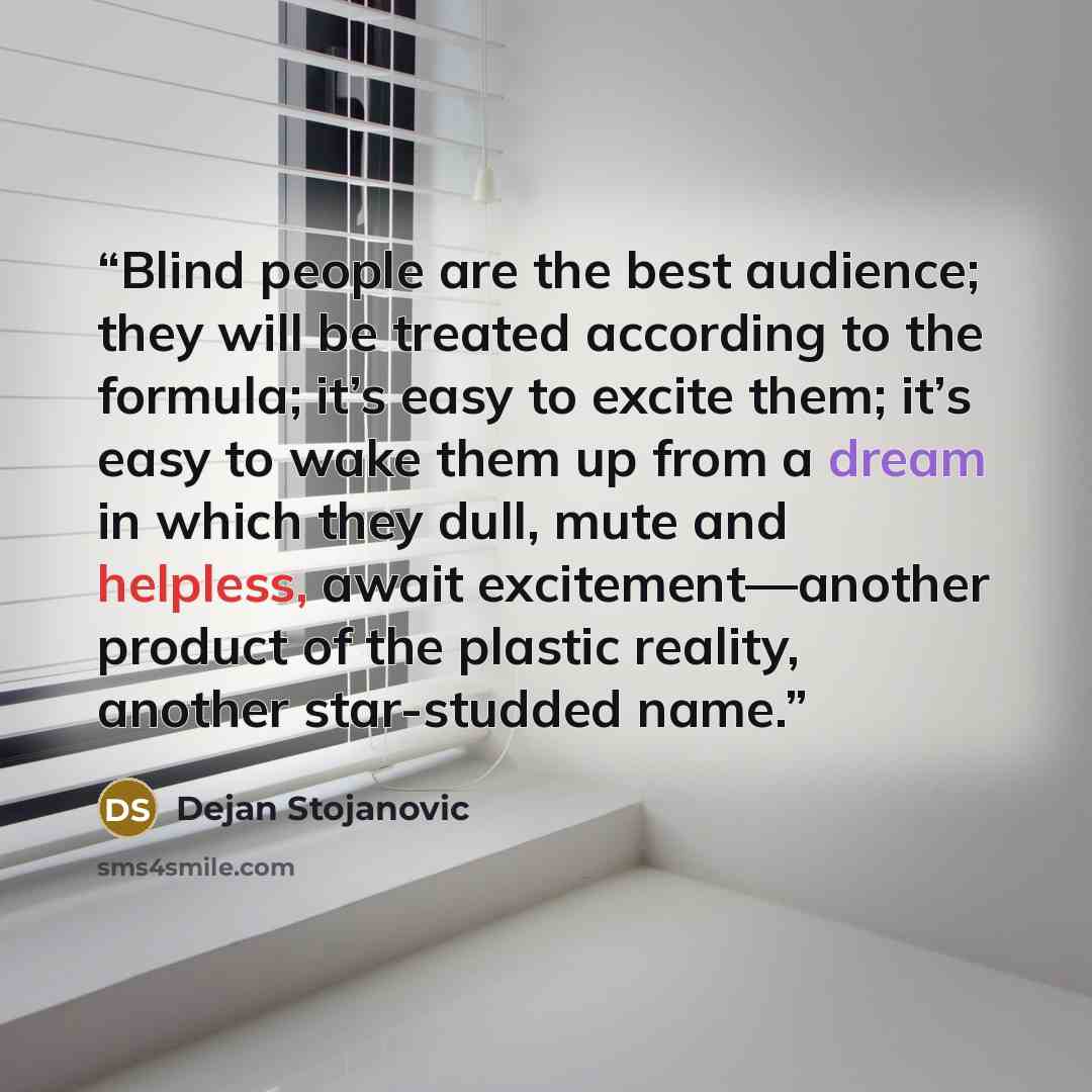 “Blind people are the best audience; they will be treated according to the formula; it’s easy to excite them; it’s easy to wake them up from a dream in which they dull, mute and helpless, await excitement—another product of the plastic reality, another star-studded name.” quote by Dejan Stojanovic