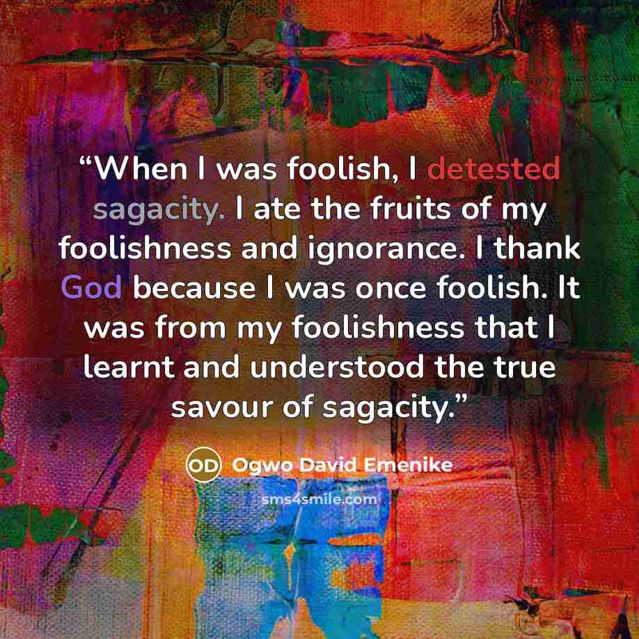 “When I was foolish, I detested sagacity. I ate the fruits of my foolishness and ignorance. I thank God because I was once foolish. It was from my foolishness that I learnt and understood the true savour of sagacity.” quote by Ogwo David Emenike