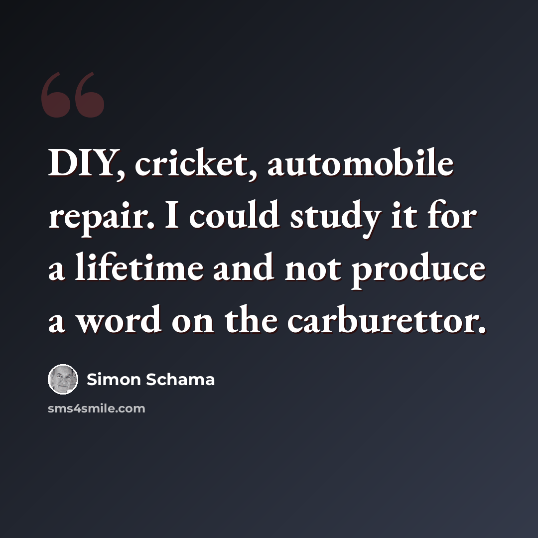 “DIY, cricket, automobile repair. I could study it for a lifetime and not produce a word on the carburettor.” quote by Simon Schama