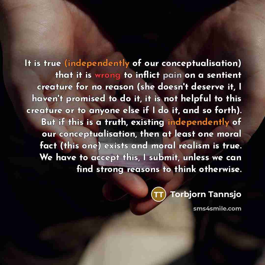 “It is true (independently of our conceptualisation) that it is wrong to inflict pain on a sentient creature for no reason (she doesn't deserve it, I haven't promised to do it, it is not helpful to this creature or to anyone else if I do it, and so forth). But if this is a truth, existing…” quote by Torbjorn Tannsjo