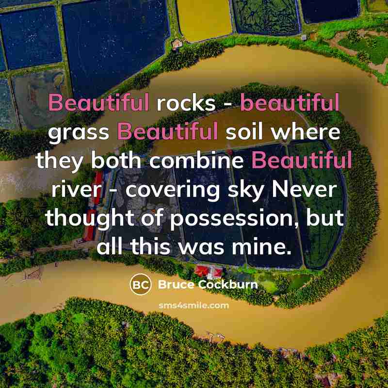 “Beautiful rocks - beautiful grass Beautiful soil where they both combine Beautiful river - covering sky Never thought of possession, but all this was mine.” quote by Bruce Cockburn
