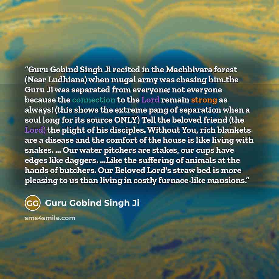 “Guru Gobind Singh Ji recited in the Machhivara forest (Near Ludhiana) when mugal army was chasing him.the Guru Ji was separated from everyone; not everyone because the connection to the Lord remain strong as always! (this shows the extreme pang of separation when a soul long for its source ONLY)…” quote by Guru Gobind Singh Ji