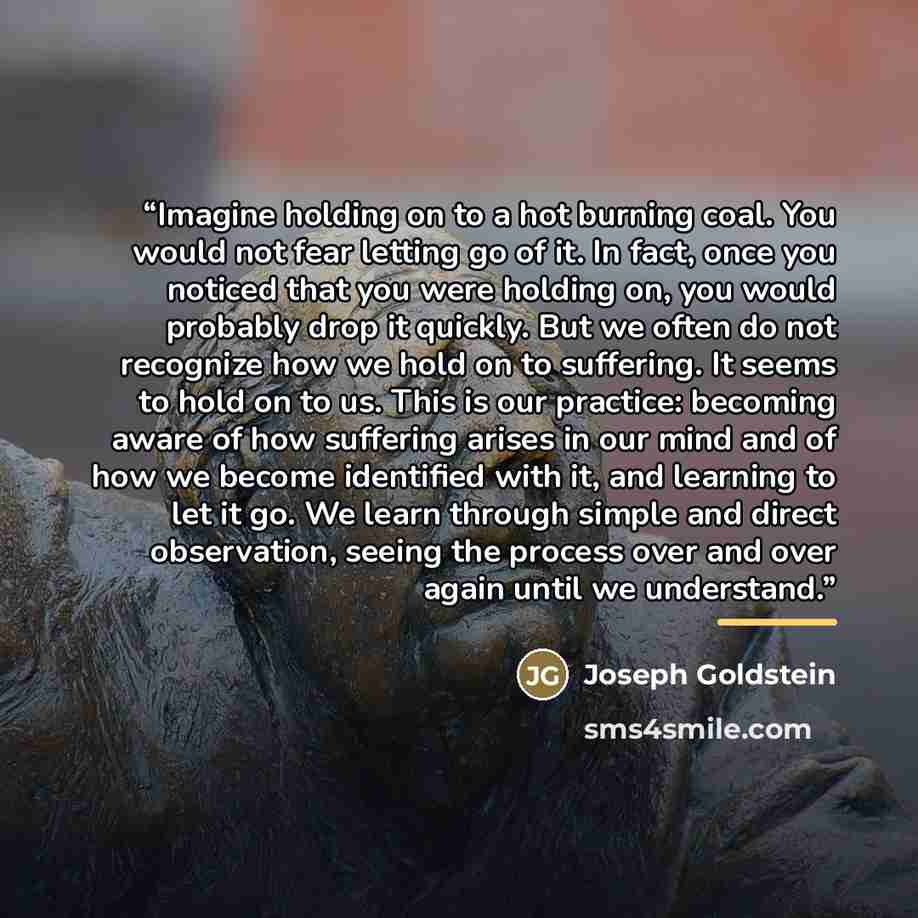 “Imagine holding on to a hot burning coal. You would not fear letting go of it. In fact, once you noticed that you were holding on, you would probably drop it quickly. But we often do not recognize how we hold on to suffering. It seems to hold on to us. This is our practice: becoming aware of how…” quote by Joseph Goldstein