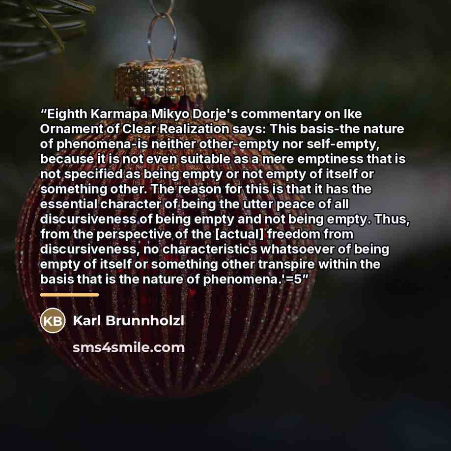 “Eighth Karmapa Mikyo Dorje's commentary on Ike Ornament of Clear Realization says: This basis-the nature of phenomena-is neither other-empty nor self-empty, because it is not even suitable as a mere emptiness that is not specified as being empty or not empty of itself or something other. The…” quote by Karl Brunnholzl