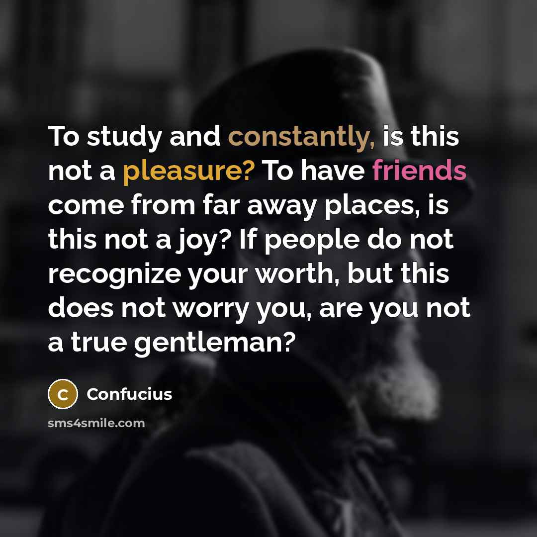 “To study and constantly, is this not a pleasure? To have friends come from far away places, is this not a joy? If people do not recognize your worth, but this does not worry you, are you not a true gentleman?” quote by Confucius
