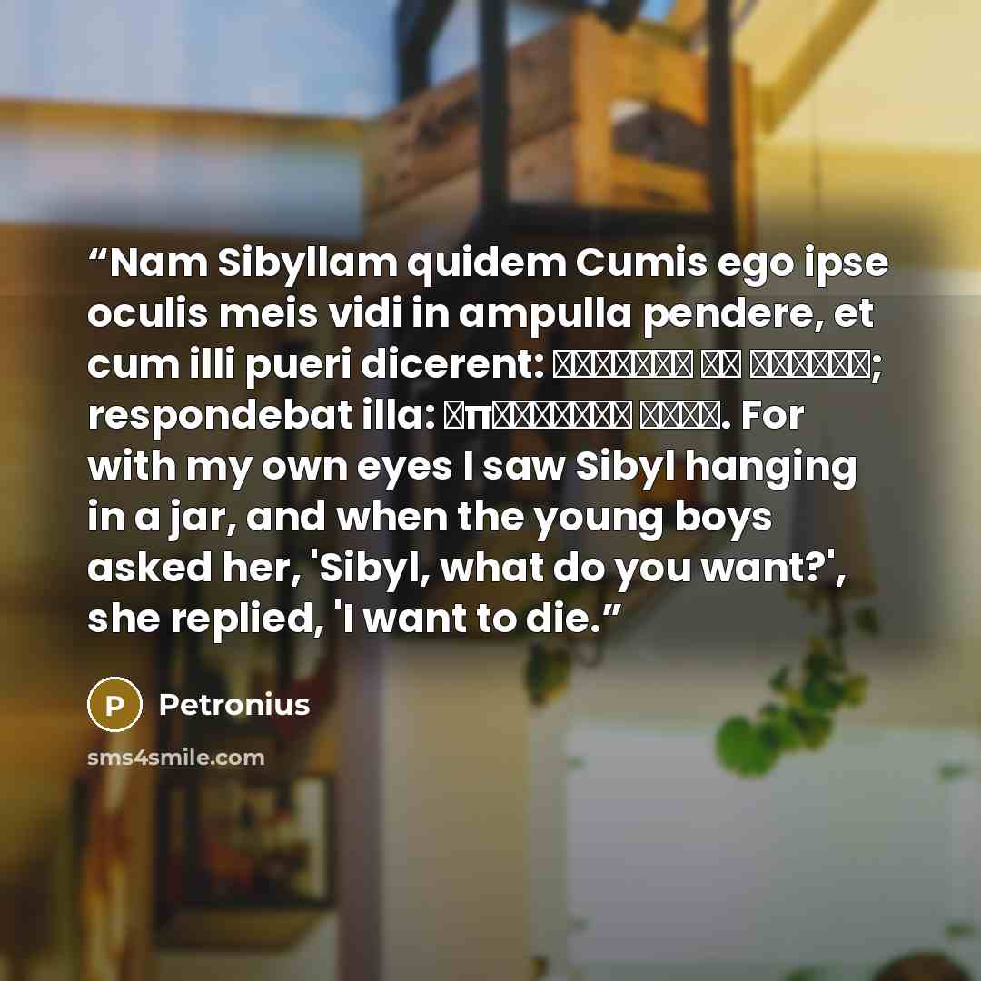“Nam Sibyllam quidem Cumis ego ipse oculis meis vidi in ampulla pendere, et cum illi pueri dicerent: Σίβυλλα τί θέλεις; respondebat illa: ἀποθανεῖν θέλω. For with my own eyes I saw Sibyl hanging in a jar, and when the young boys asked her, 'Sibyl, what do you want?', she replied, 'I want to die.” quote by Petronius