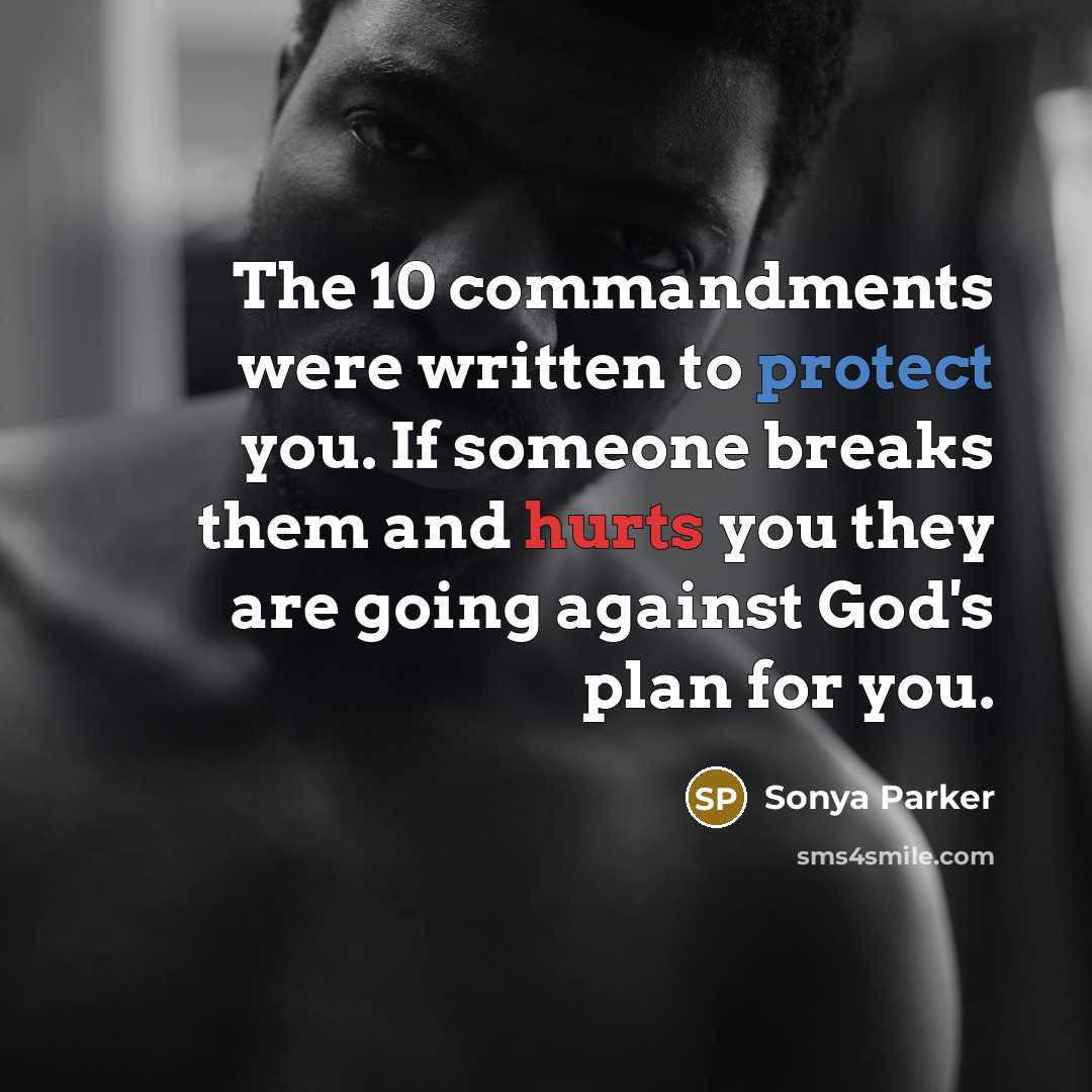 “The 10 commandments were written to protect you. If someone breaks them and hurts you they are going against God's plan for you.” quote by Sonya Parker