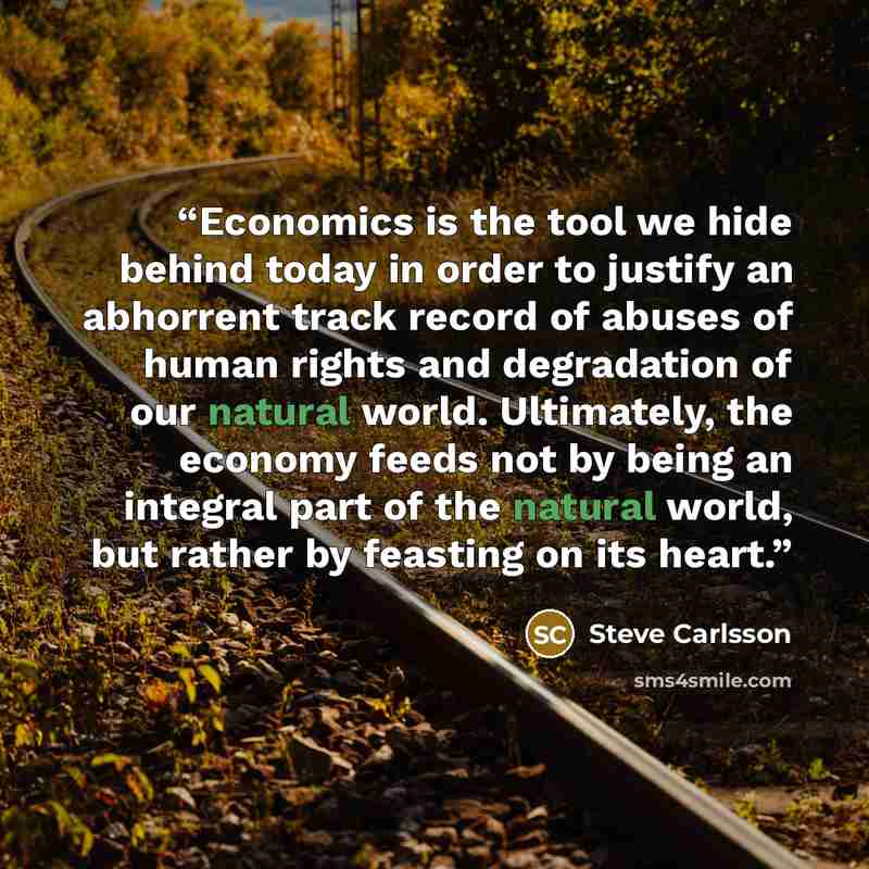 “Economics is the tool we hide behind today in order to justify an abhorrent track record of abuses of human rights and degradation of our natural world. Ultimately, the economy feeds not by being an integral part of the natural world, but rather by feasting on its heart.” quote by Steve Carlsson