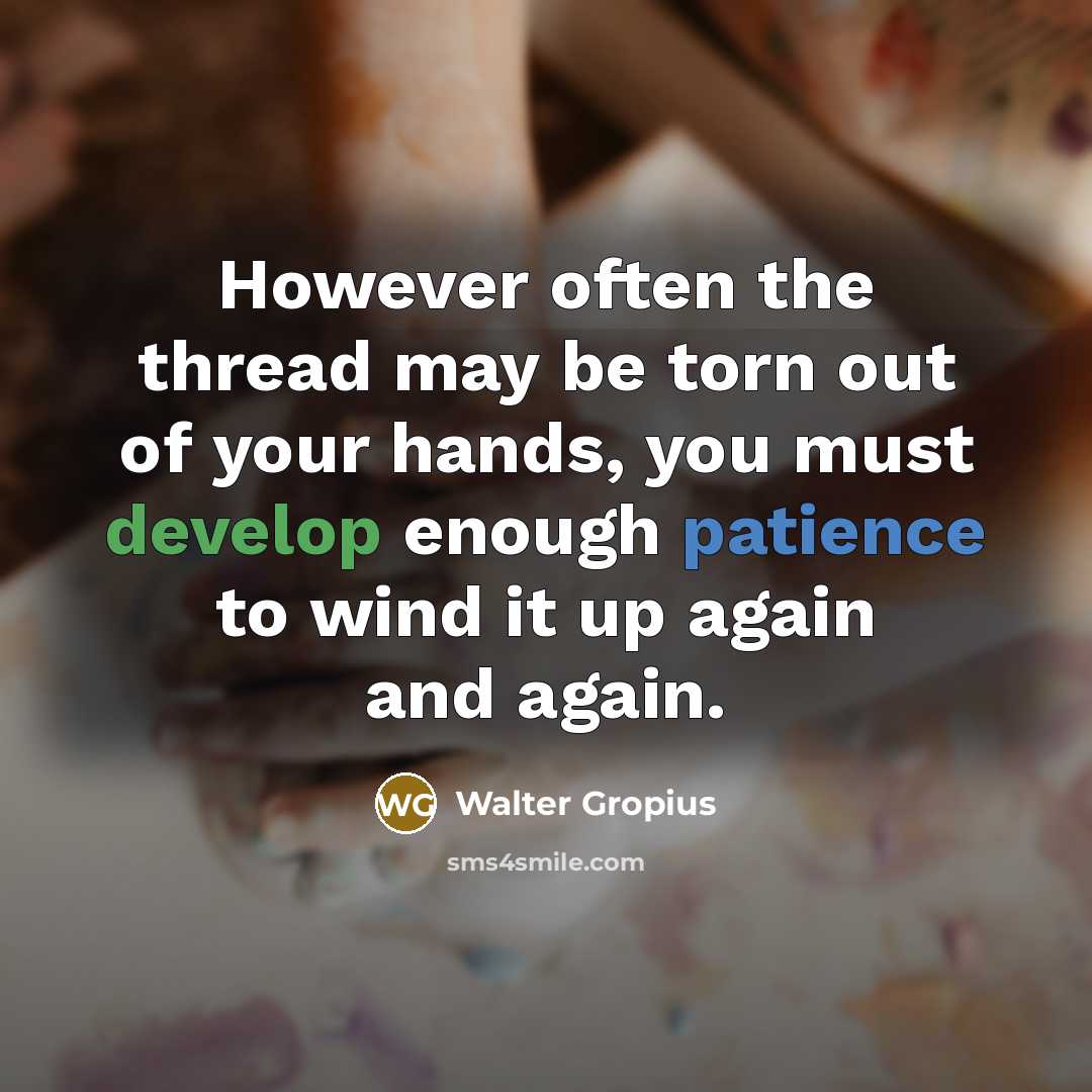 “However often the thread may be torn out of your hands, you must develop enough patience to wind it up again and again.” quote by Walter Gropius