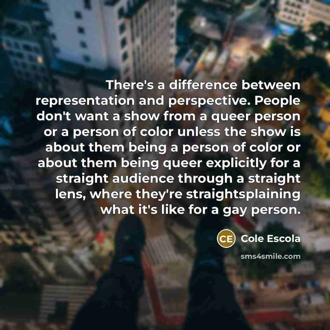 “There's a difference between representation and perspective. People don't want a show from a queer person or a person of color unless the show is about them being a person of color or about them being queer explicitly for a straight audience through a straight lens, where they're straightsplaining…” quote by Cole Escola