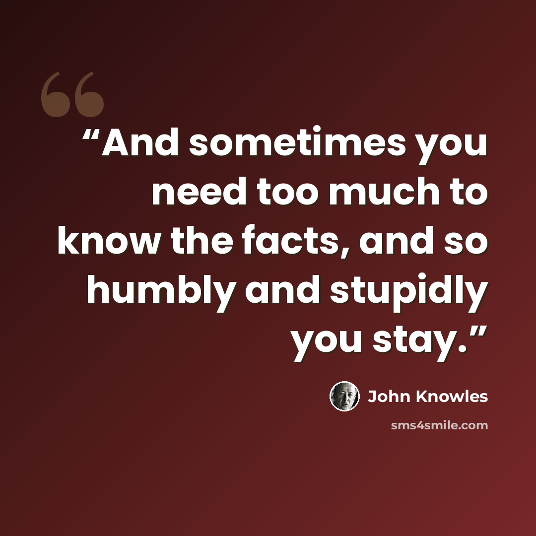 “And sometimes you need too much to know the facts, and so humbly and stupidly you stay.” quote by John Knowles