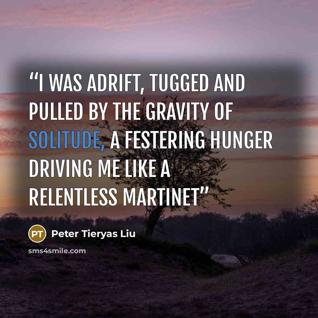 “I was adrift, tugged and pulled by the gravity of solitude, a festering hunger driving me like a relentless martinet” quote by Peter Tieryas Liu