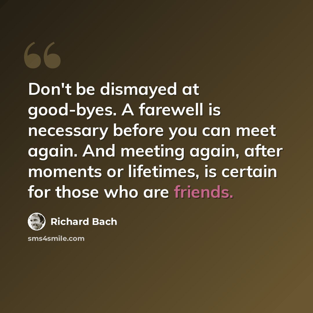 “Don't be dismayed at good-byes. A farewell is necessary before you can meet again. And meeting again, after moments or lifetimes, is certain for those who are friends.” quote by Richard Bach