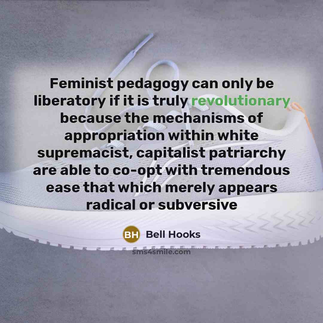 “Feminist pedagogy can only be liberatory if it is truly revolutionary because the mechanisms of appropriation within white supremacist, capitalist patriarchy are able to co-opt with tremendous ease that which merely appears radical or subversive” quote by Bell Hooks
