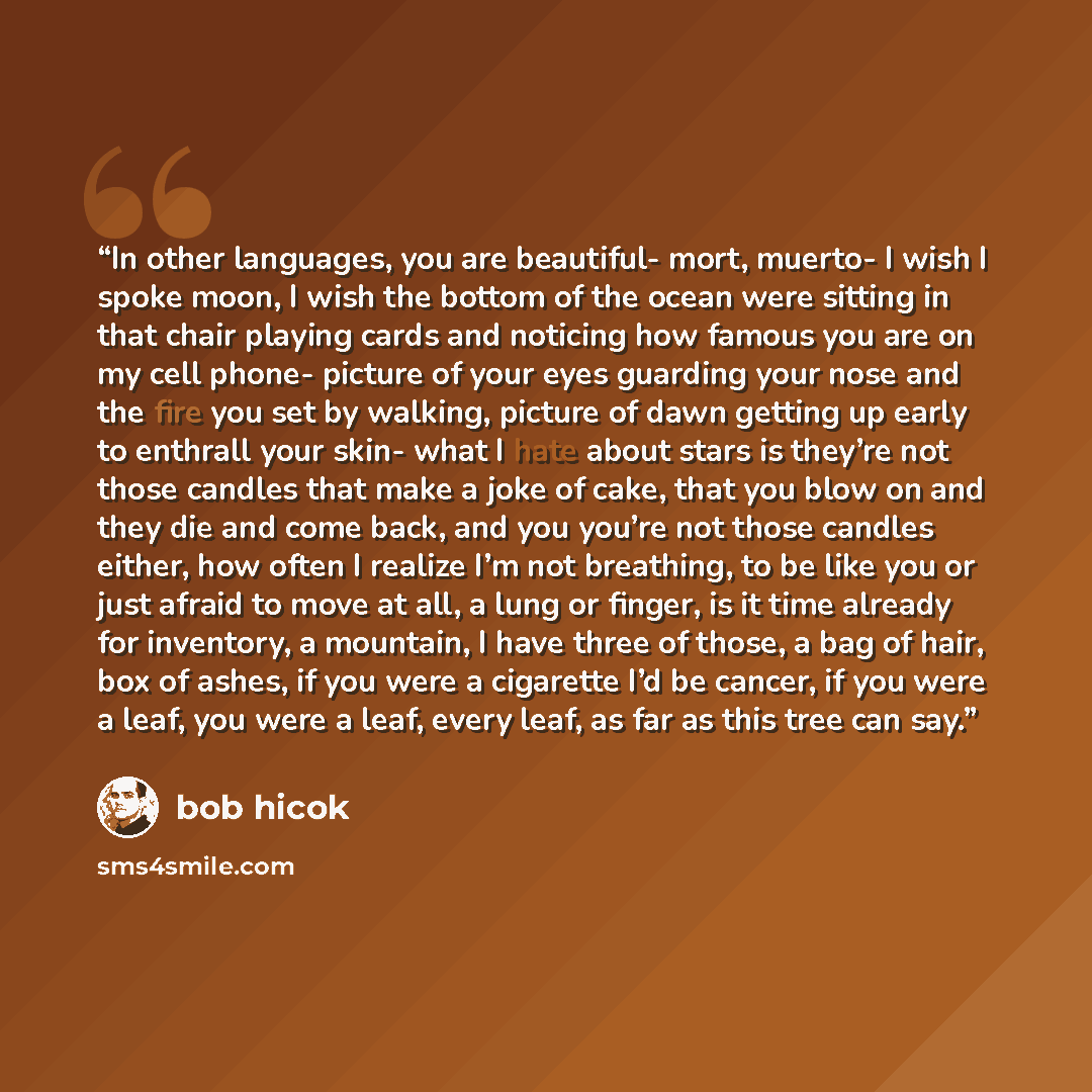 “In other languages, you are beautiful- mort, muerto- I wish I spoke moon, I wish the bottom of the ocean were sitting in that chair playing cards and noticing how famous you are on my cell phone- picture of your eyes guarding your nose and the fire you set by walking, picture of dawn getting up…” quote by Bob Hicok