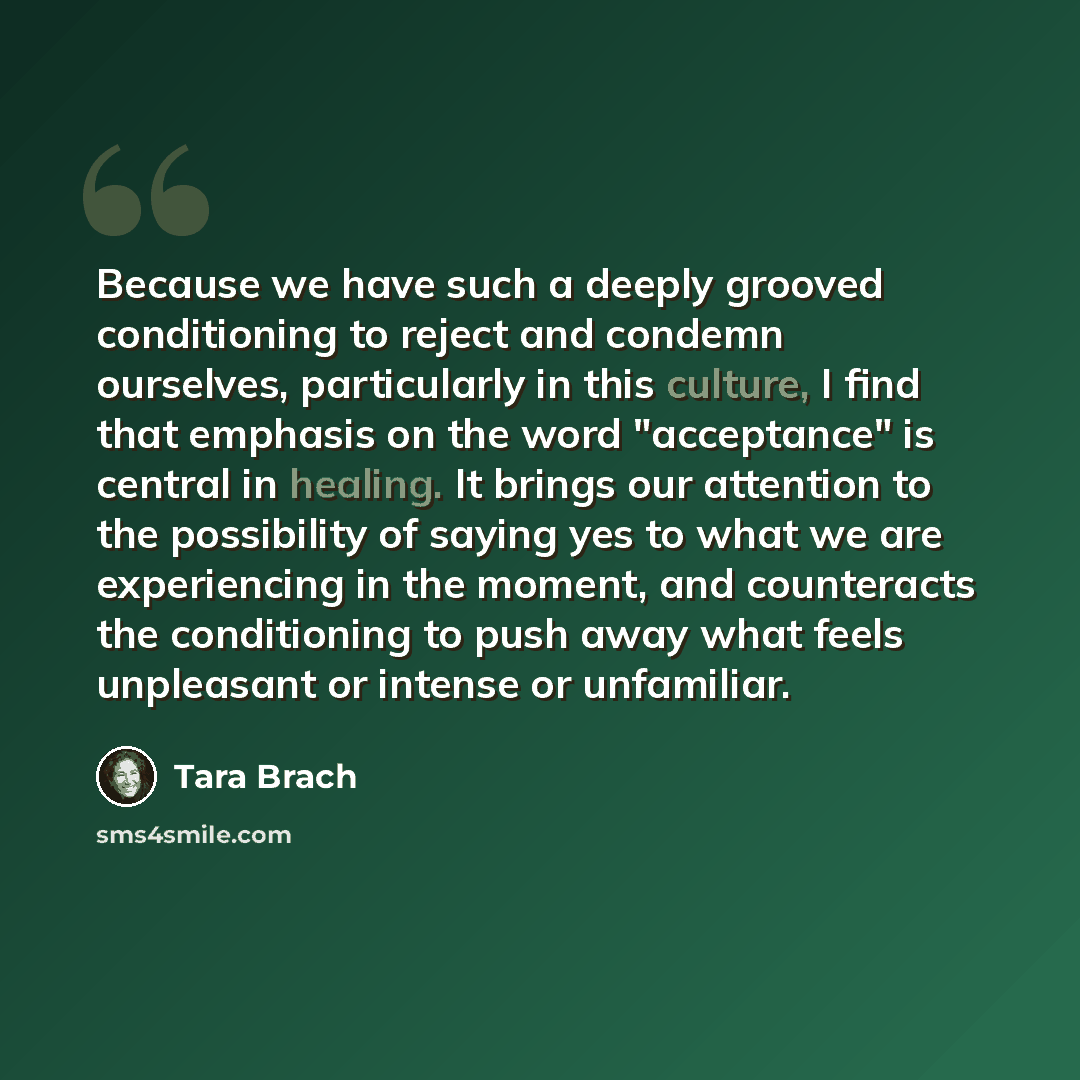 “Because we have such a deeply grooved conditioning to reject and condemn ourselves, particularly in this culture, I find that emphasis on the word "acceptance" is central in healing. It brings our attention to the possibility of saying yes to what we are experiencing in the moment, and counteracts…” quote by Tara Brach