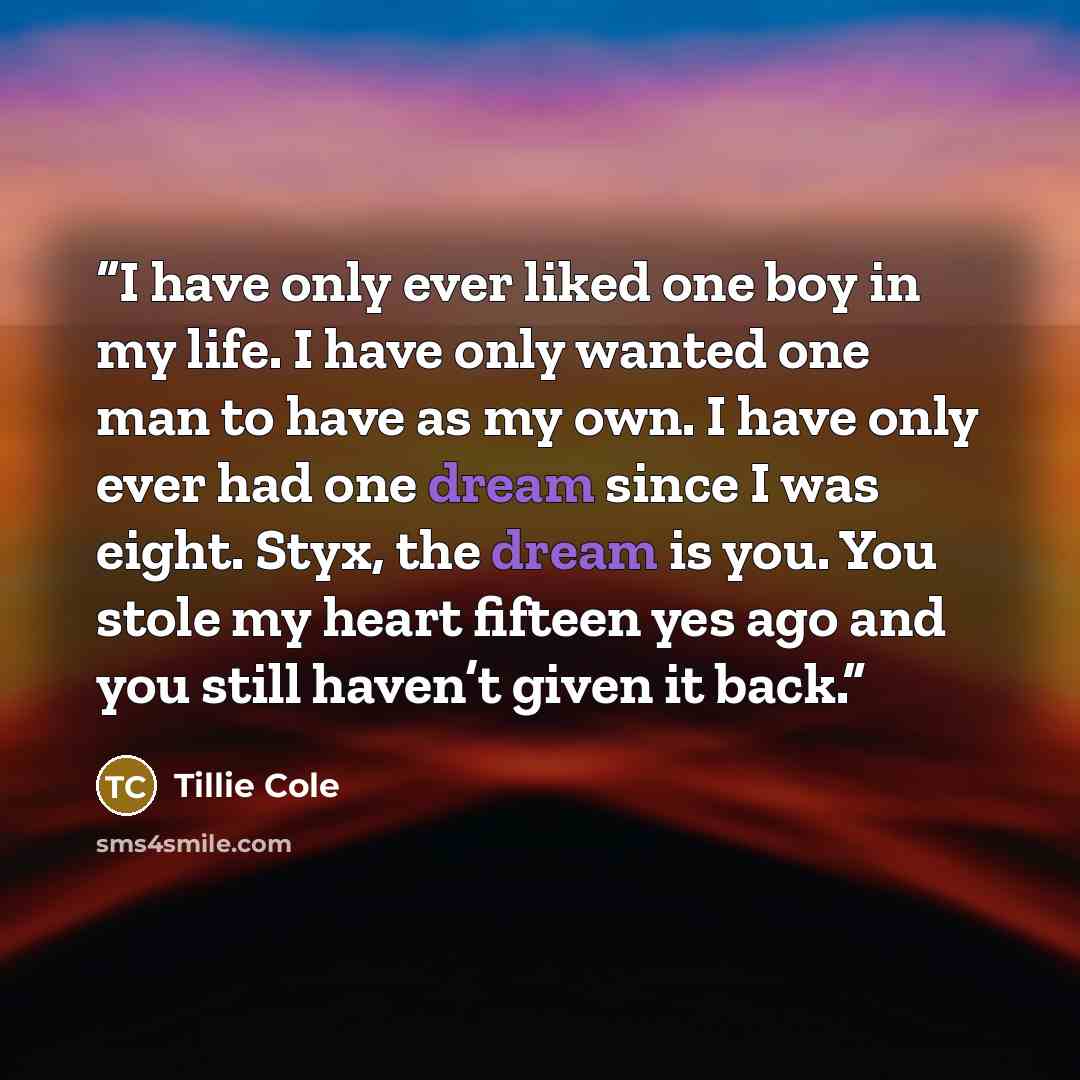 “I have only ever liked one boy in my life. I have only wanted one man to have as my own. I have only ever had one dream since I was eight. Styx, the dream is you. You stole my heart fifteen yes ago and you still haven’t given it back.” quote by Tillie Cole